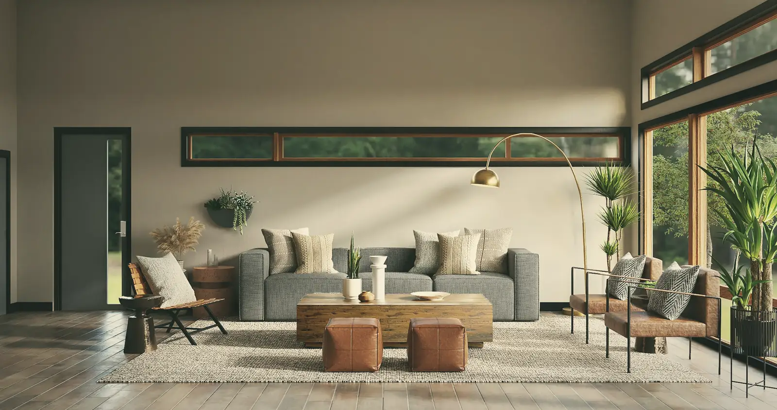 A quiet, sunlit room with low sofas, leather ottomans and a long window onto trees.